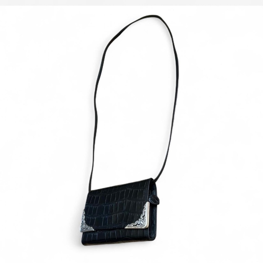 Vtg Brighton Black Leather Cross Body Wallet Croc Silver Tone Accents